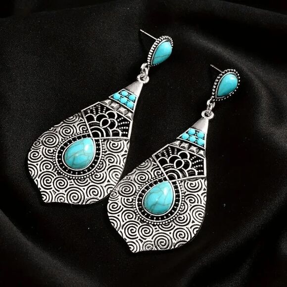 Bohemian Western Teardrop Turquoise Dangle Earrings - Picture 2 of 6